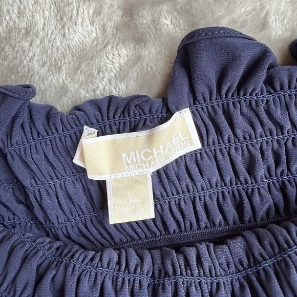 Michael Kors Romantic Boho Off Shoulder Smock Waist Ruffle Navy Peplum Blouse Lg - Picture 3 of 5